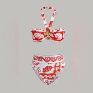 NWT Commense Swim: Orange and White Shell Print Bikini Set Medium